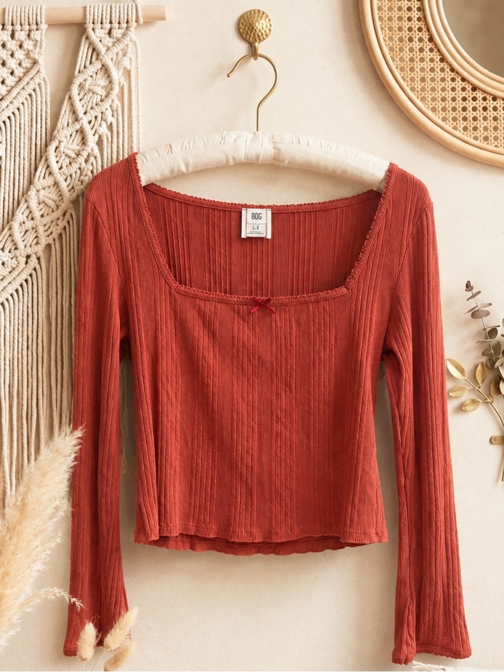 BDG Rust Red Orange Ribbed Long-Sleeve Square Neck Top